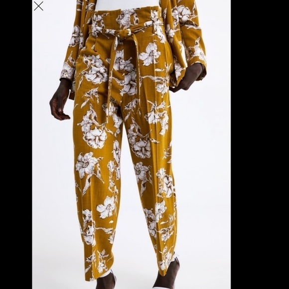 ZARA Paper Bag Waist Floral Pants Medium Tie Mustard Yellow Linen Straight - Picture 14 of 14